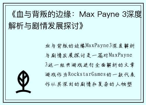 《血与背叛的边缘：Max Payne 3深度解析与剧情发展探讨》
